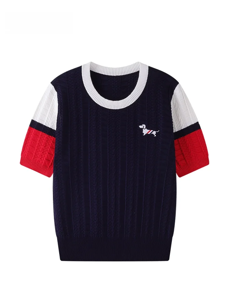 JZZDEMM Damska Dopasowana Dzianinowa Koszulka z Haftowanym Wzorem, Nowość na Lato, Modna Retro Elegancka Odzież Codzienna