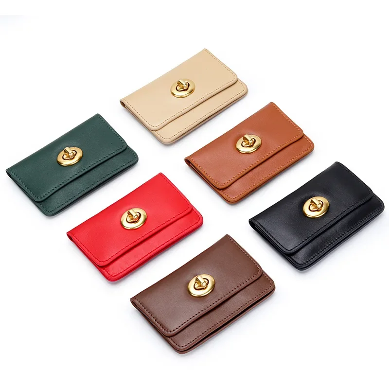 

2023 New Style Simple Lock Clasp Card Holder for Women Fashion Ladies Coin Purse Genuine Cow Leather Slim Storage Bag 2061