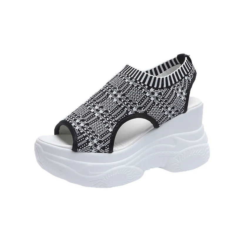 2024 Summer New Knitted Shoes Fairy Fish-mouth Wind Cake Sole High Heel Flying Weave Slope Heel Thick Sole Sports Women\'s Sandal