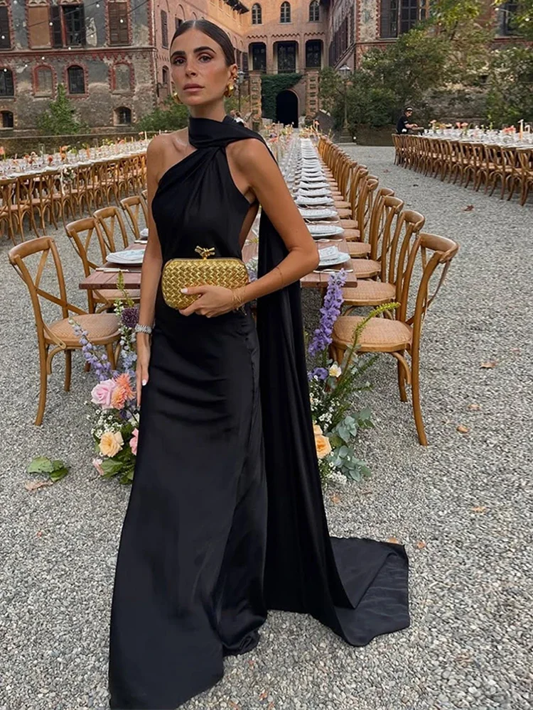 리본 매달려 목 긴 드레스 여성 인쇄 민소매 Backless 슬림 높은 허리 홀터 파티 드레스 2025 새로운 엉덩이 패키지 가운