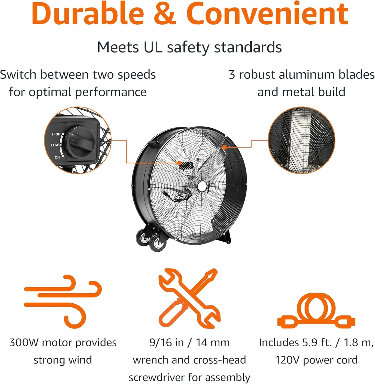 Основы, 30-дюймовый промышленный барабанный вентилятор, сертифицированный UL, 300 Вт, 2 режима скорости, металлическая конструкция, шнур питания 5,9 фута, 2 колеса, черный
