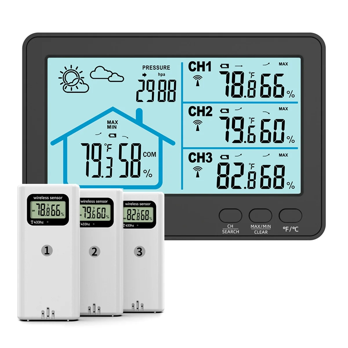 ABNJ محطة الطقس اللاسلكية بارومتر شاشة LCD ملونة مقياس درجة الحرارة والرطوبة 433 محطة الطقس توقعات الاستشعار الأسود
