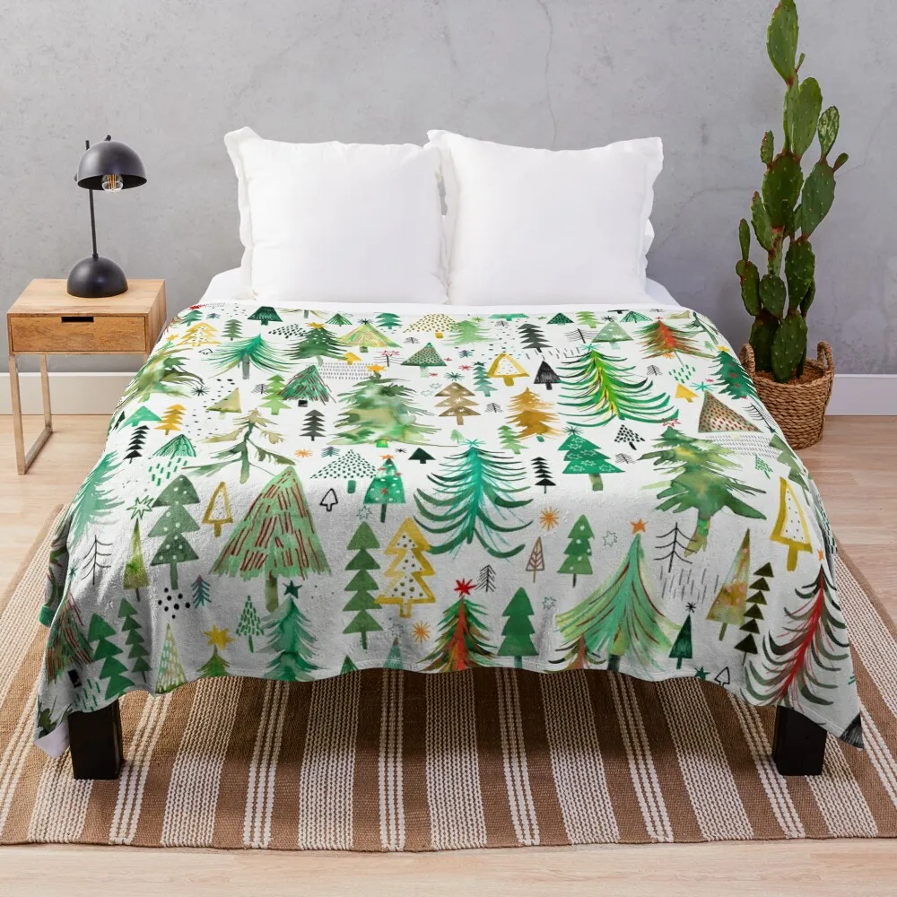 Pines and spruces forest - Christmas trees decorations pattern- Red green Throw Blanket christmas gifts Bed Summer Blankets