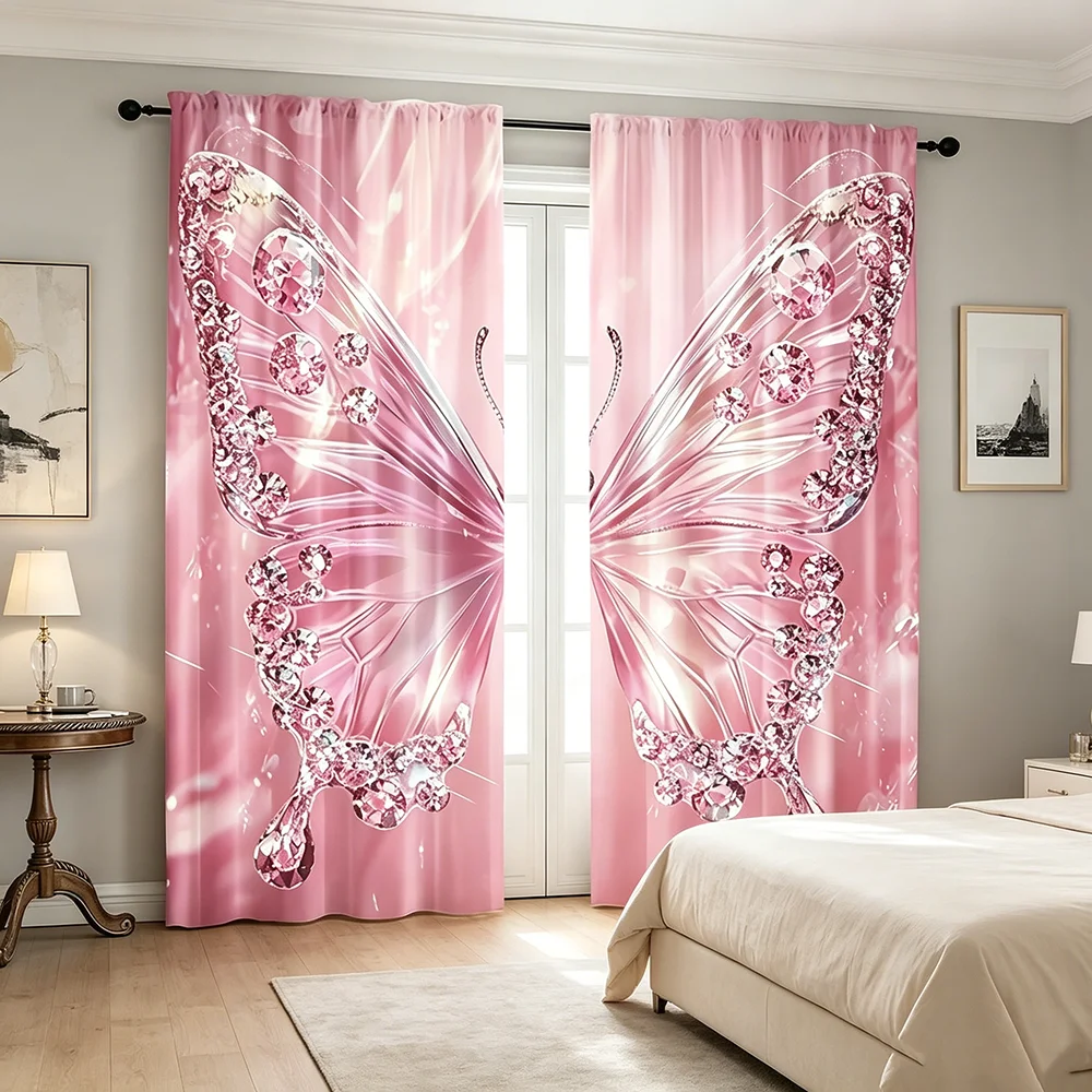 2PCS Digital Printed Curtains, Pink Diamond Butterfly Glam Sparkly, Rod Pocket Window Drapes for Living Room Bedroom Decor