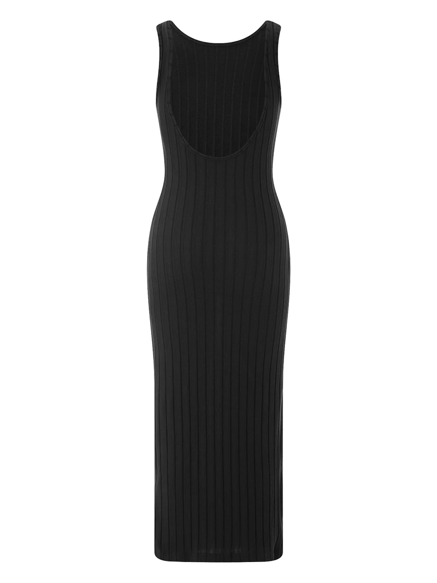 FOMOYUU Ribbed Knit Long Bodycon Sling Dress Sleeveless High-Neck Maxi Dress Party Side Slit Long Dress for Wome