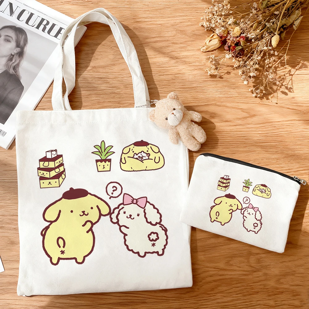 3pcs/set Large Capacity Pom Pom Purin Multi Character Canvas Tote Bag Lovely Sanrio Group Print Anime Eco Reusable Shopping Bag view 5