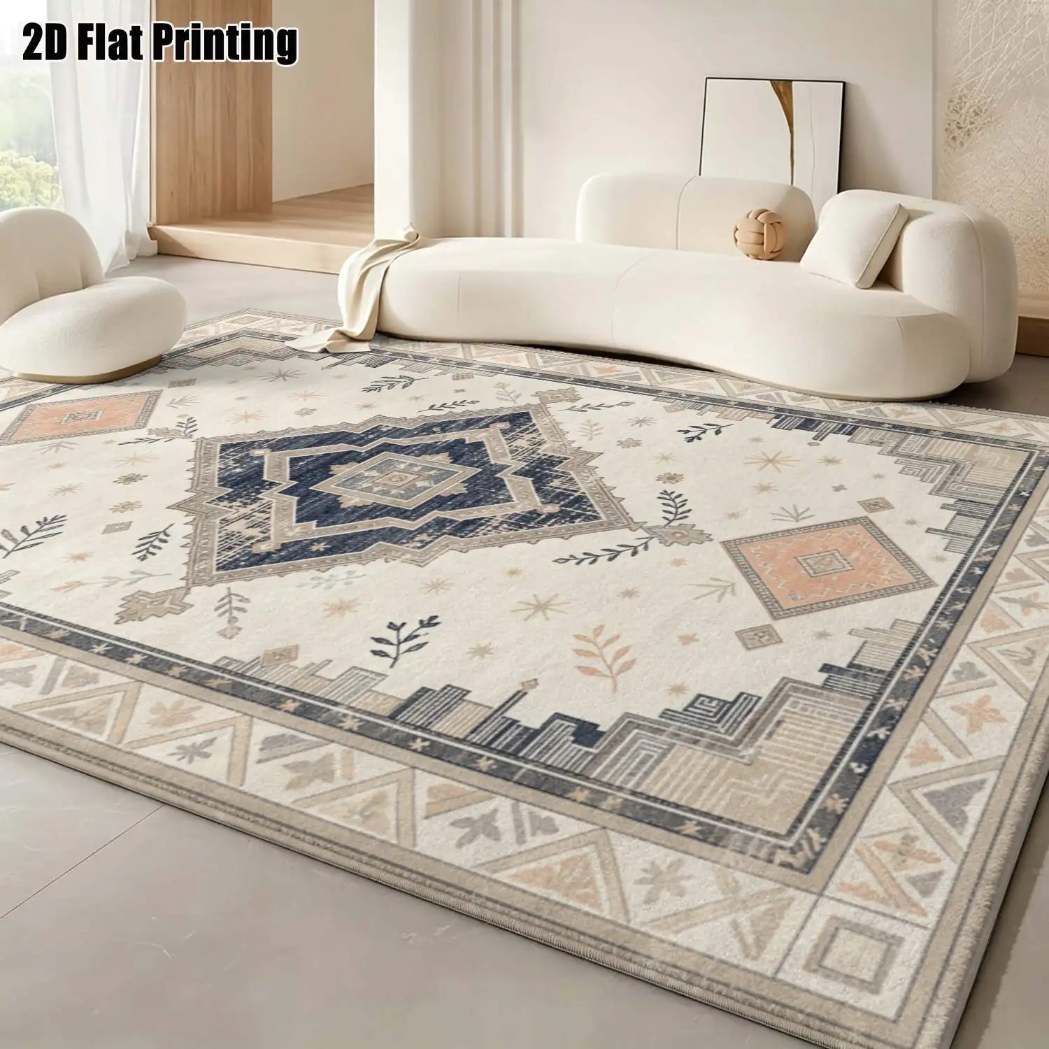 1Pc 2D Printed Carpet: Blue-Orange Geometric Patterns, Vintage Bohemian European Style, Machine Washable, Multi-Size, Ideal for Home Decor & Doormats, Rugs for Dining, Bedroom, Living Room