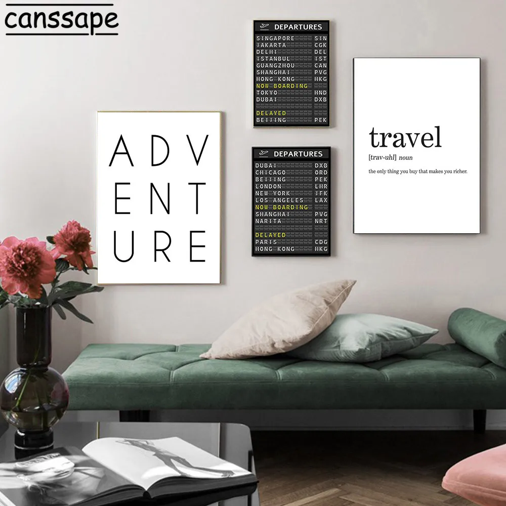 Airport Board Destination Posters and PrintsTravel Adventure Quotes Art Canvas Painting Nordic Wall Picture Honeymoon Home Decor