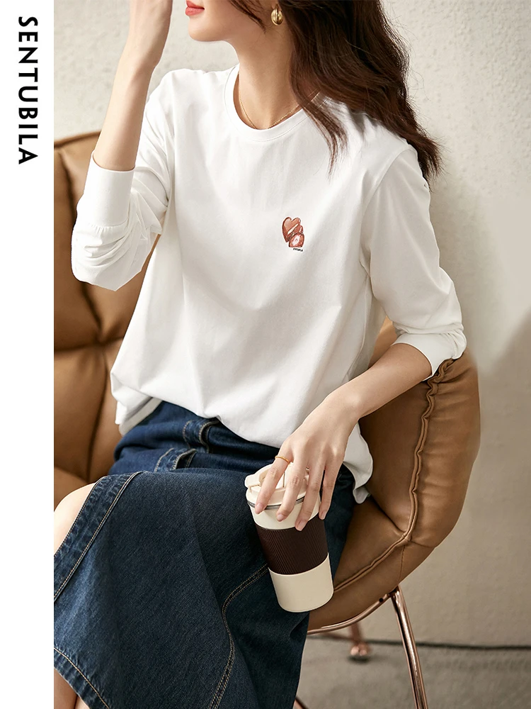 SENTUBILA Long Sleeve Print T-Shirts for Women 2024 Spring Autumn Fashion Round Neck Straight Loose White Tee Shirts Casual Tops