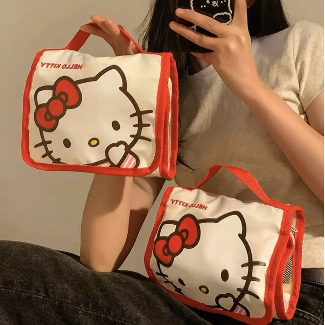 Sanrio Hello Kitty Borsa portaoggetti pieghevole di grande capacità Borsa per trucco per cartoni animati Borse portaoggetti portatili per pennelli