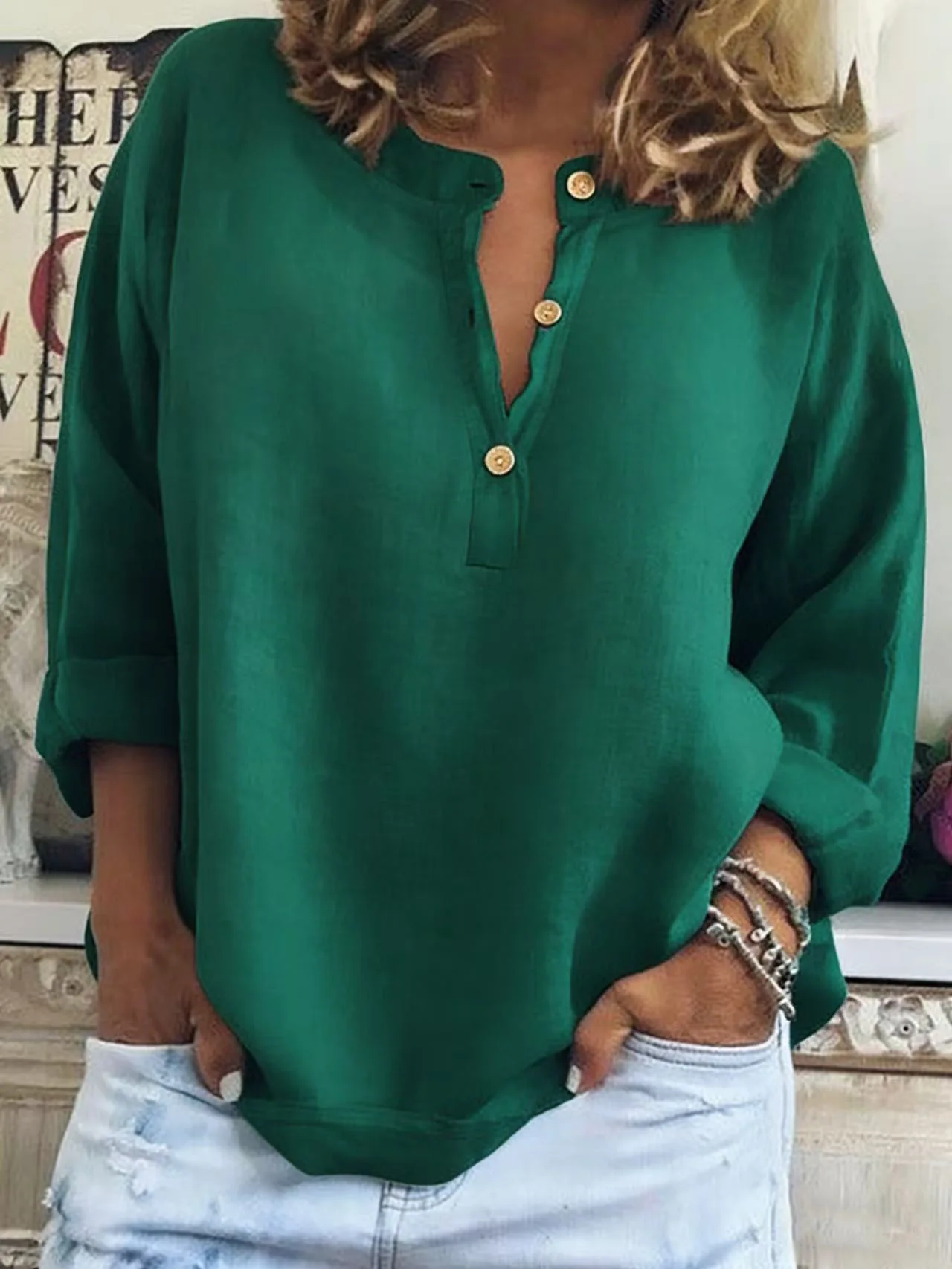 New Spring and Autumn Women's Long Sleeve Blouse Fashion Solid Color Casual Button Loose V-Neck White Shirt For Female - view 6
