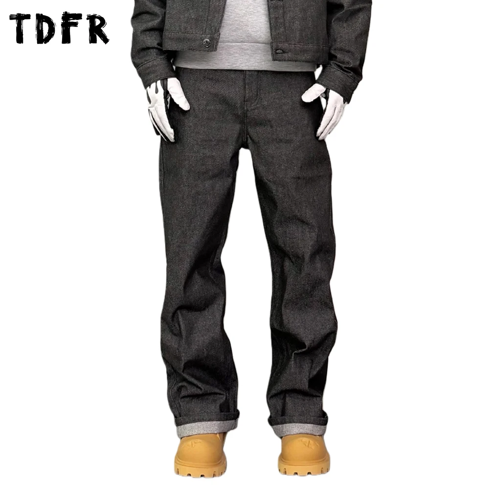 Retro Cargo Jeans Mens Button Decoration Casual Simple Pocket Straight Raw Denim Pants Man Trousers