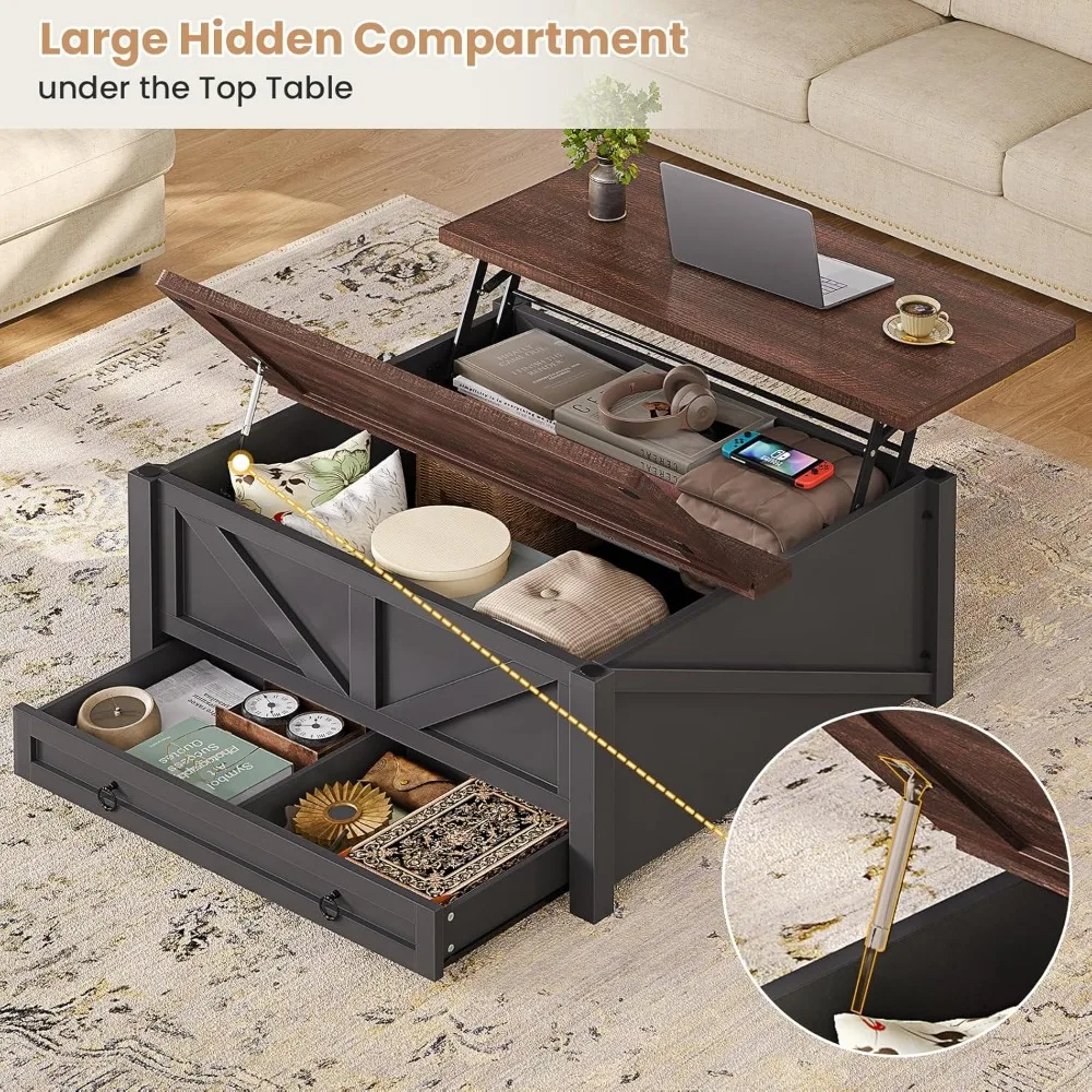 "طاولة قهوة خشبية مربعة الشكل لرفع التخزين مع أدراج ومقصورة مخفية"