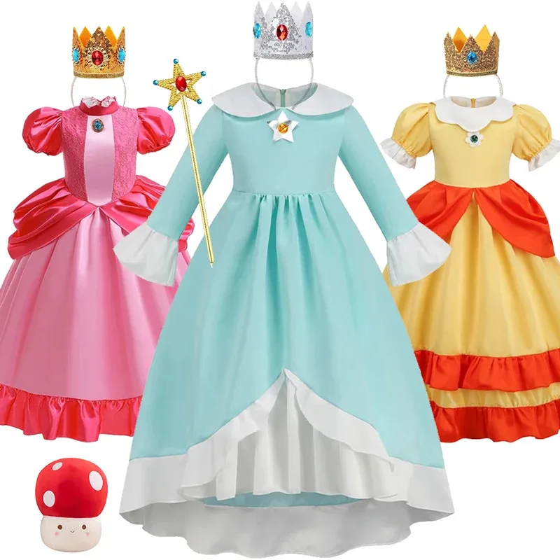 

Rosalina Dress For Girls Peach Cospay Costume Halloween Daisy Princess Dress Up Outfits Cartoon Movie Role Playing Party Sets