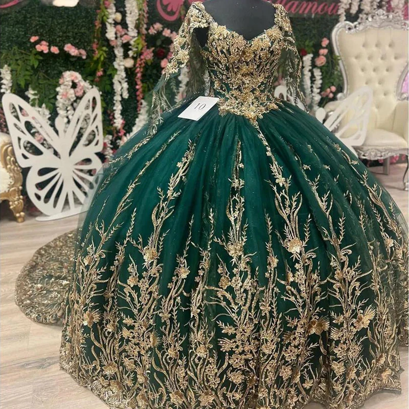 

Зеленое сладкое бальное платье 16 Quinceanera Платье с накидкой и бусинами Кристалл Золотые аппликации Кружевное тюлевое платье Vestidos De 15 Anos на шнуровке