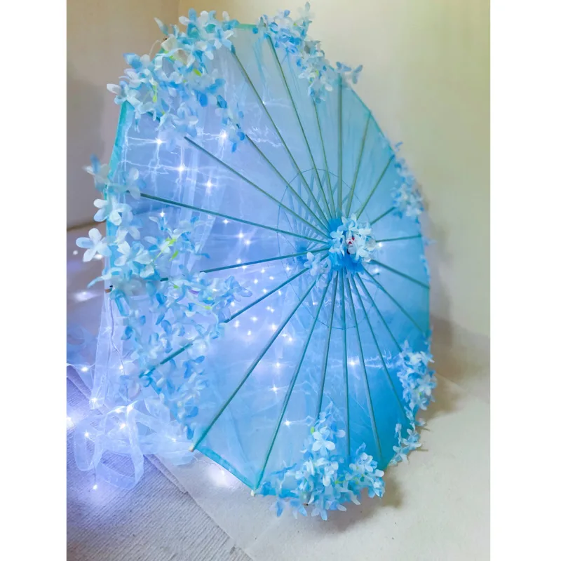 BLUE Purple LED Yarn Silk Cloth Decorative Umbrella Parasol Princess Lace Chinese Japan Umbrella Craft Party LED Cosplay