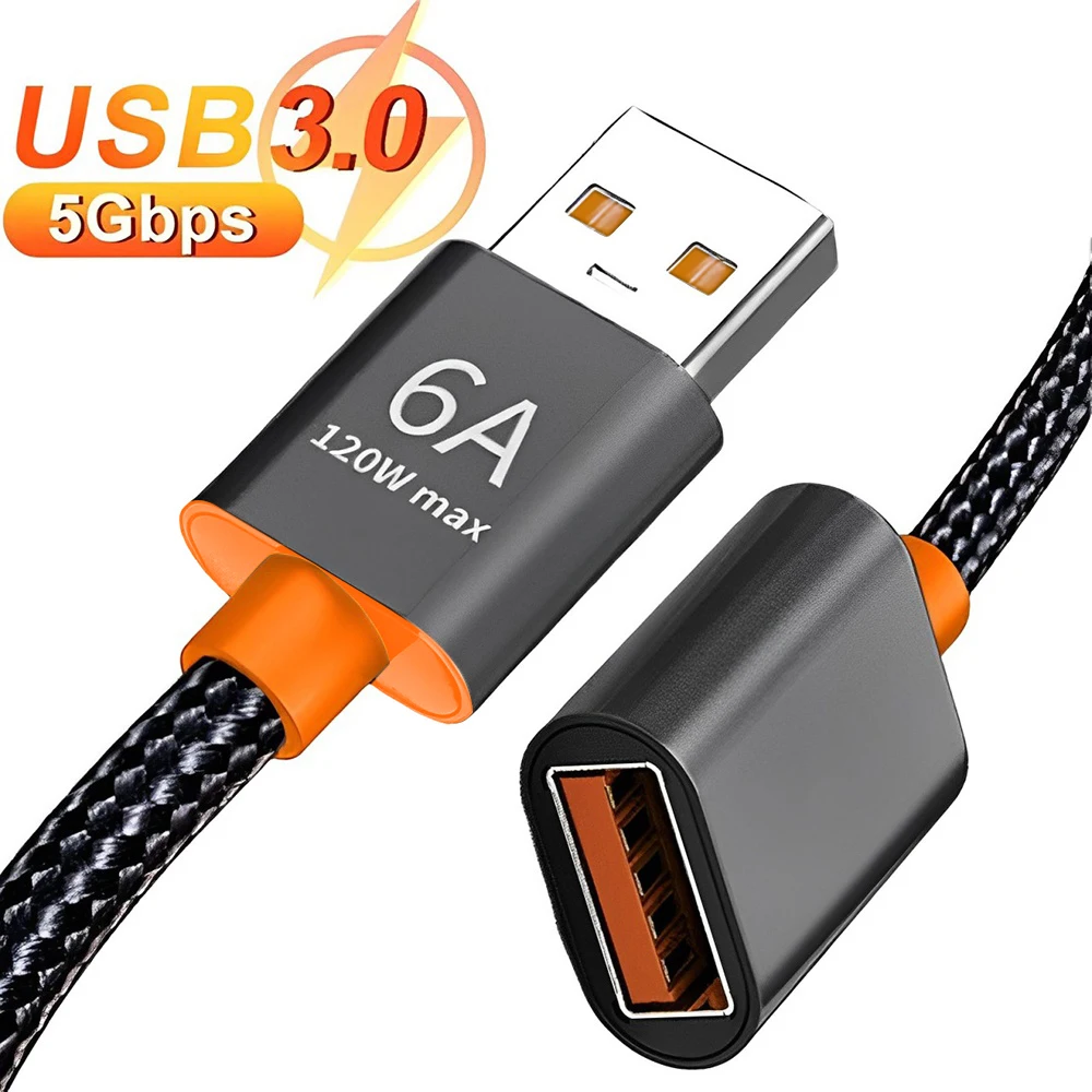 Cabo de Extensão USB 3.0 de 120W 6A, USB A Macho para Fêmea, para PC, Laptop, TV, Câmera, Carregador de Celular, Cabo de Dados de Alta Velocidade