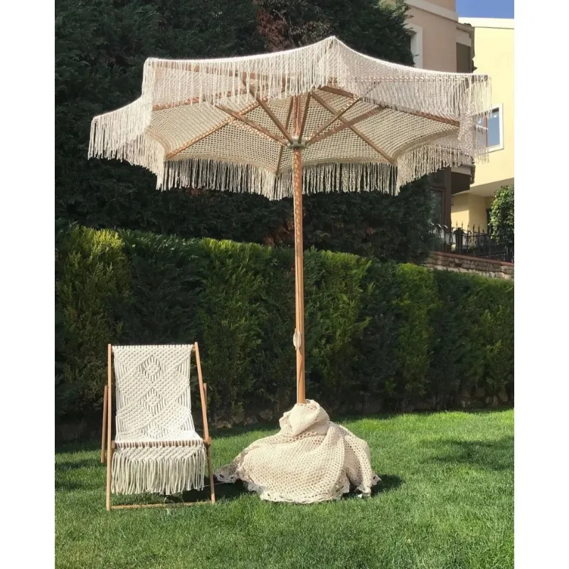 Customized Macrame Beach Umbrella With frame beige fringed beach macrame umbrella made of beech wood Boho Style Macrame Umbrella