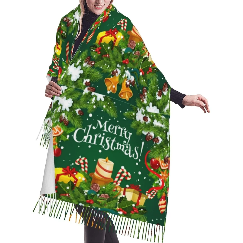 

С Рождеством шарфы для женщин, мягкие шарфы-шали, длинные накидки, женский легкий шарф с кисточками