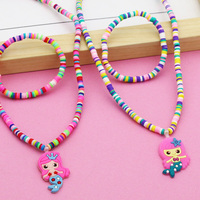 Cartoon Mermaid Pendant 2PCS/SET Round Polymer Clay Beads Bracelets Necklaces Beads Set Chains Supplies For Girls Birthday Gifts