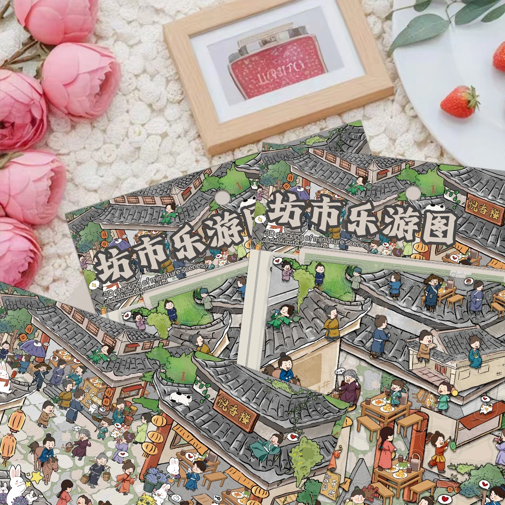 4 قطع من ملصقات المناظر الطبيعية Creative Mini Srink World Square City Le You Tu DIY ملصقات مادة PET لتخفيف الضغط