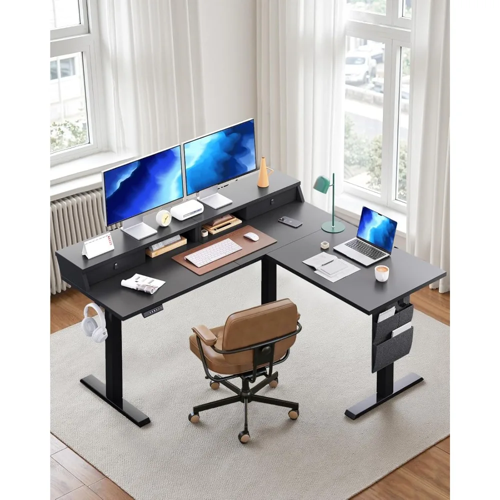 

L Shaped Electric Standing Desk, 63" Ergonomic Corner Height Adjustable Desk with Drawers, Sit Stand Computer Table