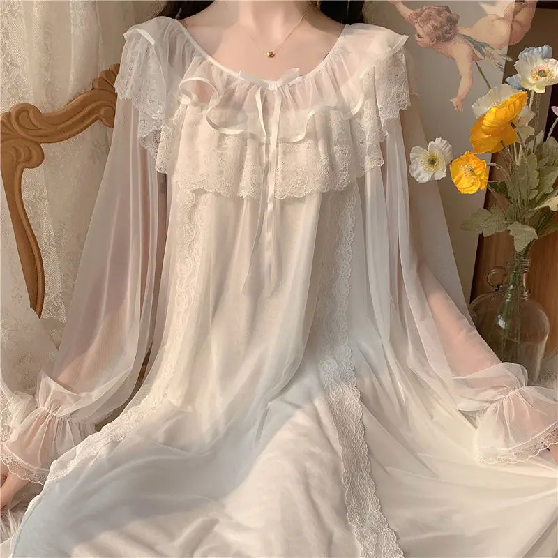 

Spring Autumn Long Sleeve Pajama For Women Fairy Round Neck New Long Sleeve Lace Retro Princess Pajamas Ladie's Nightdress Home