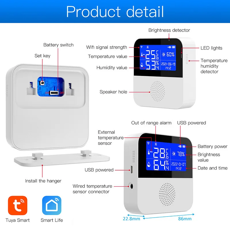 WiFi Function Tuya Smart Life Home App Indoor Living Room Office With Backlight LED Digital Display Temperature Humidity Sensor