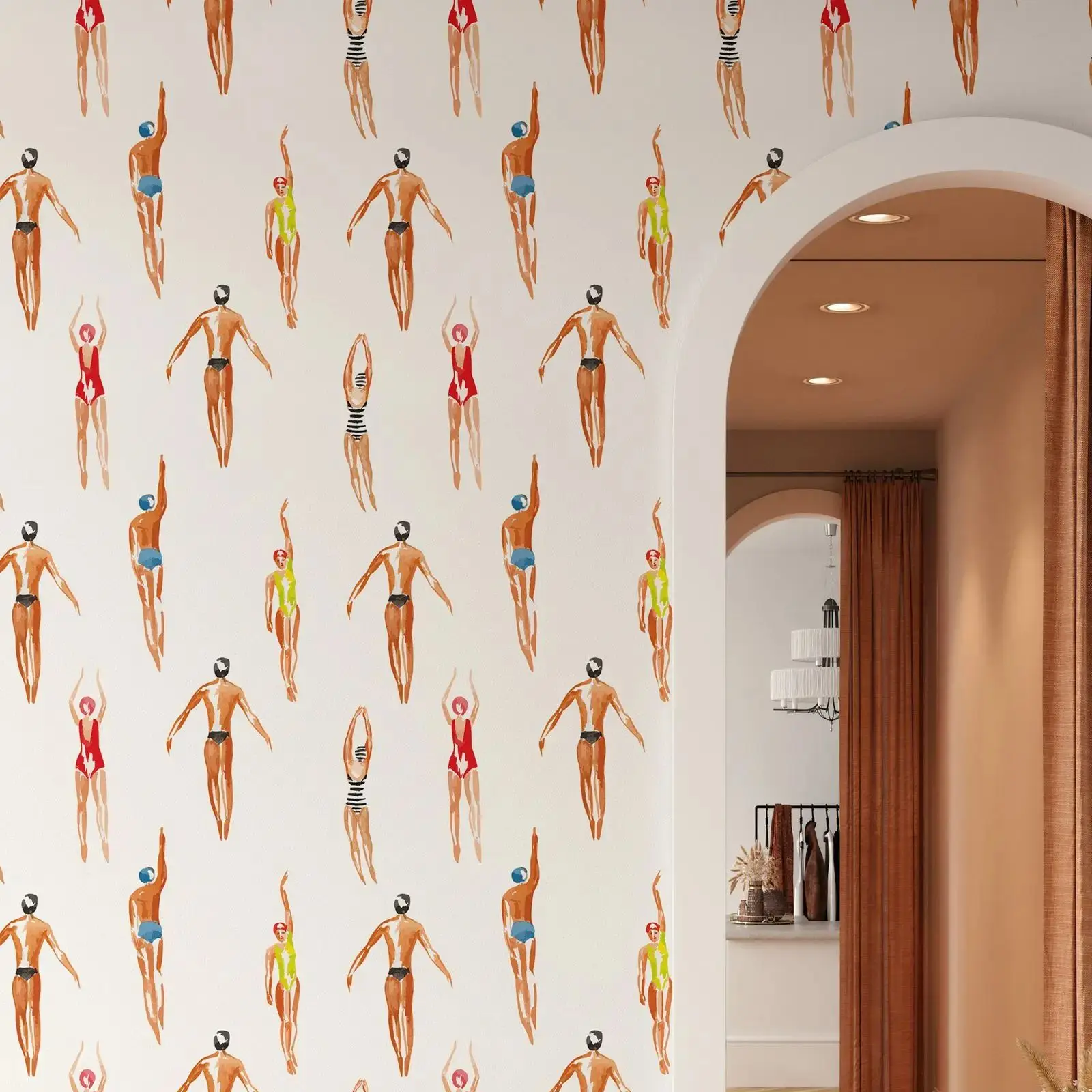 Papel tapiz para hombres y mujeres nadadores, Mural de pared de verano, acuarela Tropical, puerto, fondo blanco