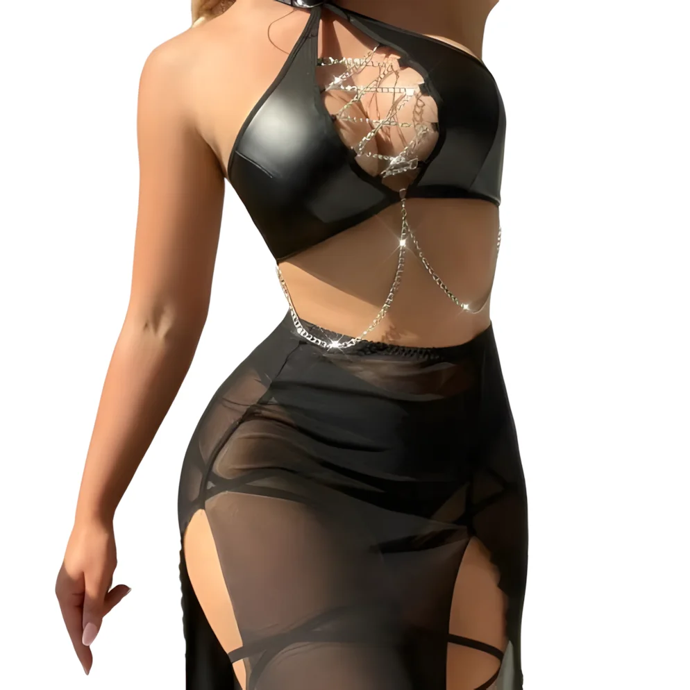 

Sexy Short Mini Skirt Sets for Women 2 Pieces Hollow Out Leather Outfit Lace Up Cross Bra Black Slit Skirt Women's Lingerie Set