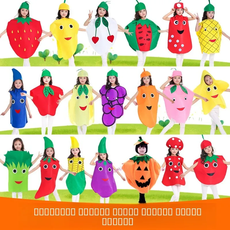 

Детские костюмы для выступлений в виде фруктов и овощей: Арбуз, Клубника. Экологичные модные материалы для детского сада.