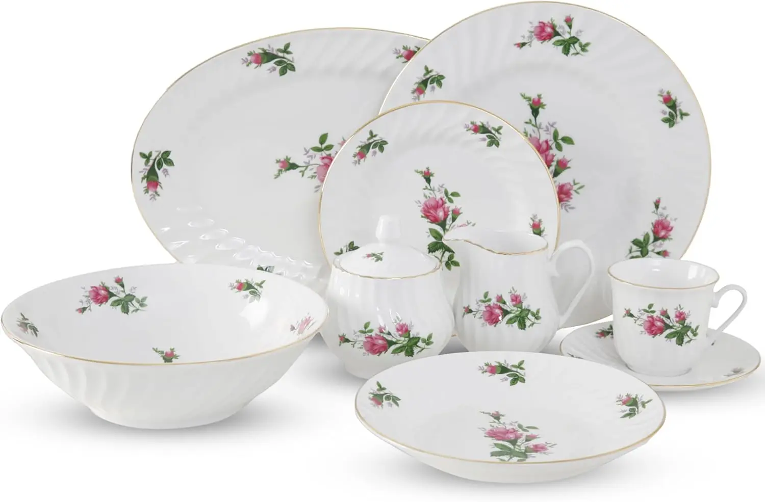 

Lynns Paradise 45-Piece Vintage Rose Dinnerware Set 24K Gold Trim Embossed Swirl Floral Plates & Bowls Apartment Essentials Home