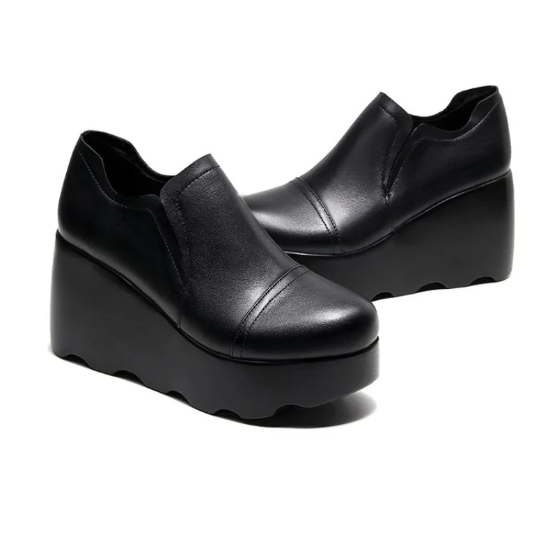 Platform Loafers Women's Shoes Waterproof Table Slope Heel Single Shoes Versatile Deep Mouth Round Head Casual Leather Shoes