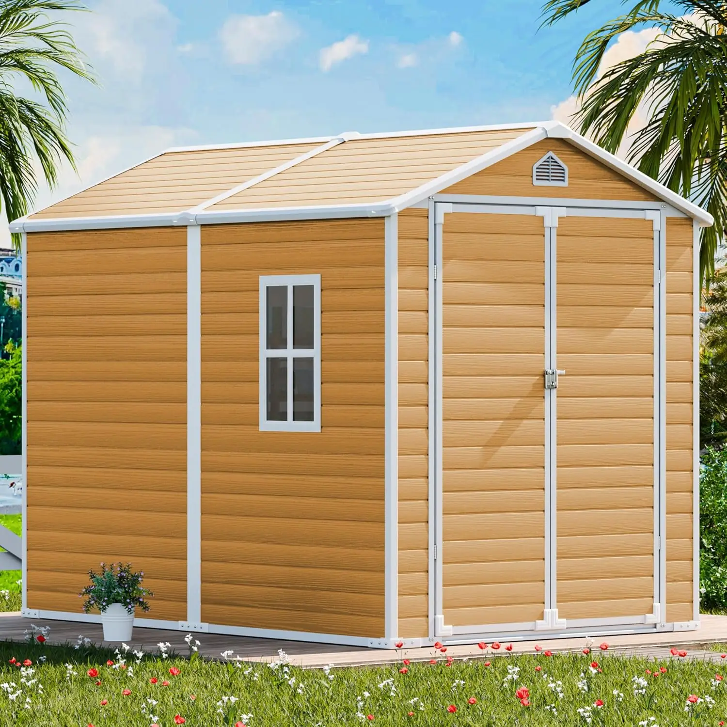 

8x6 FT Resin Storage Shed, Waterproof Outdoor Shed with Floor & Lockable Door , Plastic Tool Shed for Backyard, Patio, Brown