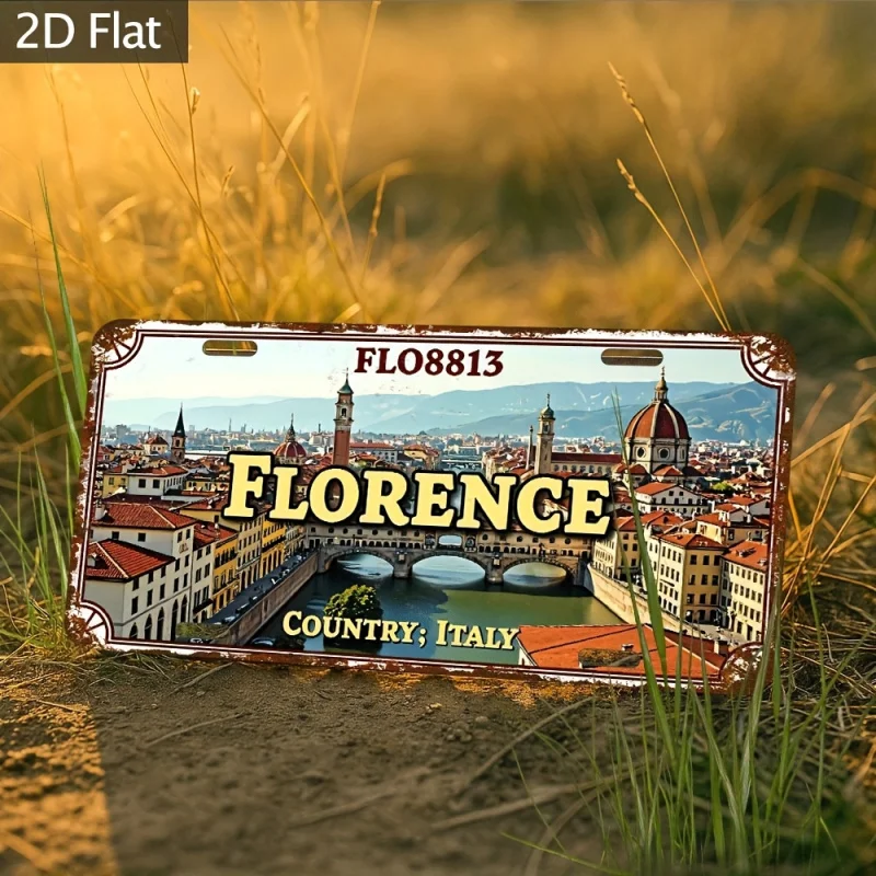 شقة 2D، قطعة واحدة من لافتة ديكور الحائط الصناعية العتيقة، لوحة معدنية من الألومنيوم مع فن لاندمارك إيطاليا،