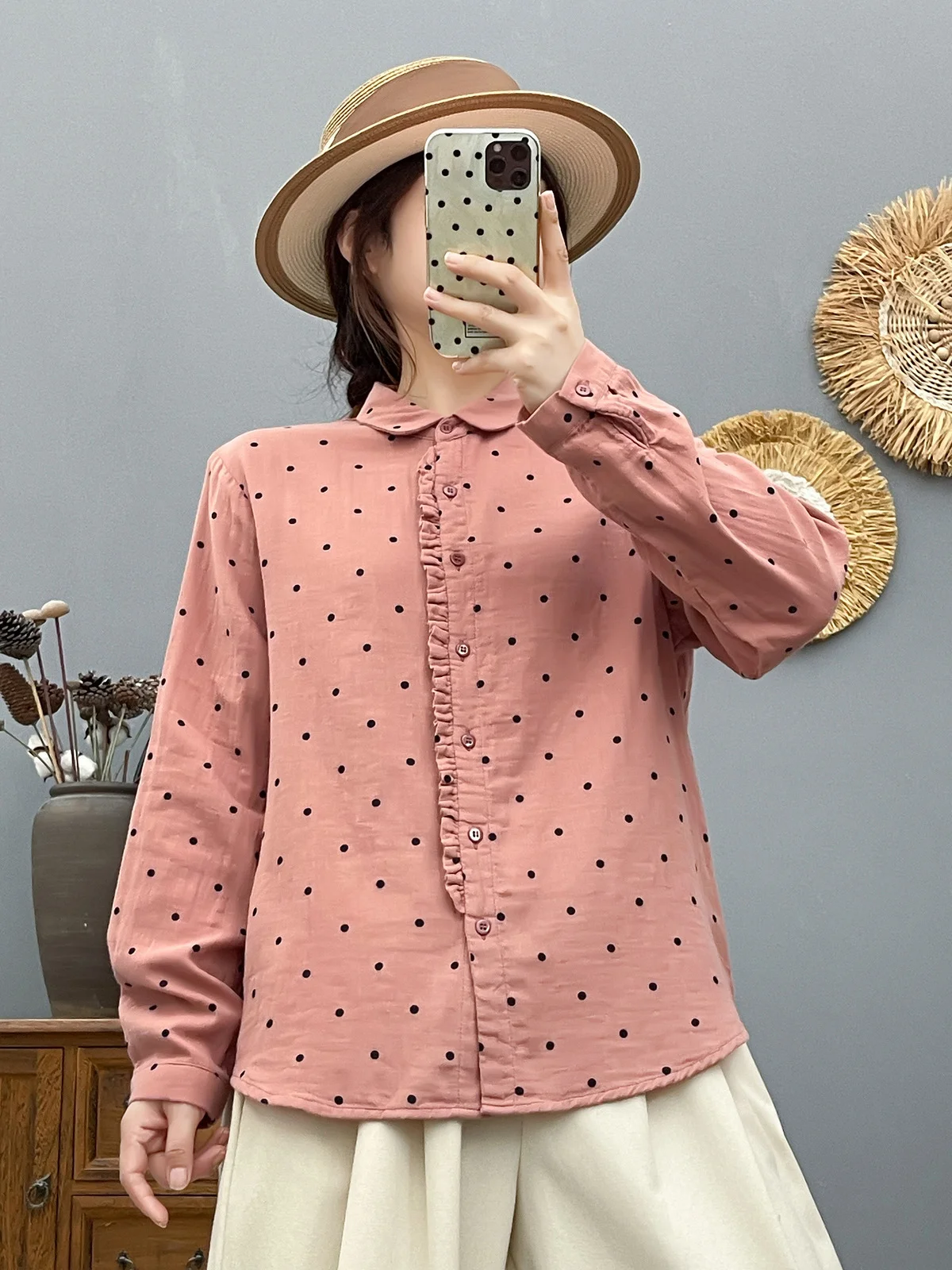 قميص نسائي عتيق باللون الأخضر منقط للخريف والربيع من غزل القطن باللون الأبيض والأحمر والأخضر والوردي بلوزات بأكمام طويلة للسيدات #4