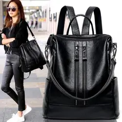 Mochila escolar multifuncional para mujer, de gran capacidad bolso de hombro, suave, informal, de cuero, color negro