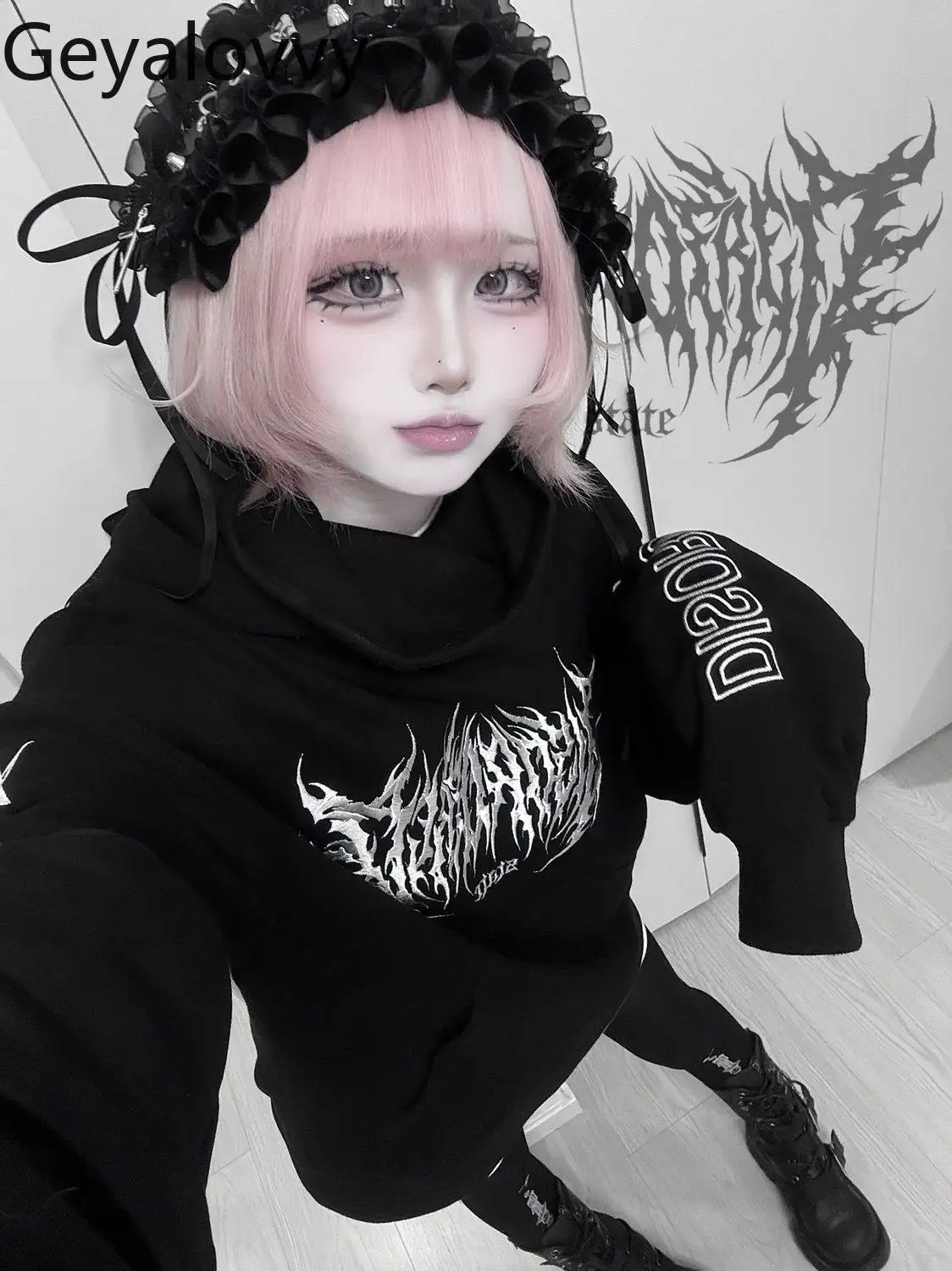 

Осень-зима, новый универсальный пуловер, милый субкультурный индивидуальный панк-стрит, хип-хоп, черная флисовая толстовка с капюшоном и принтом