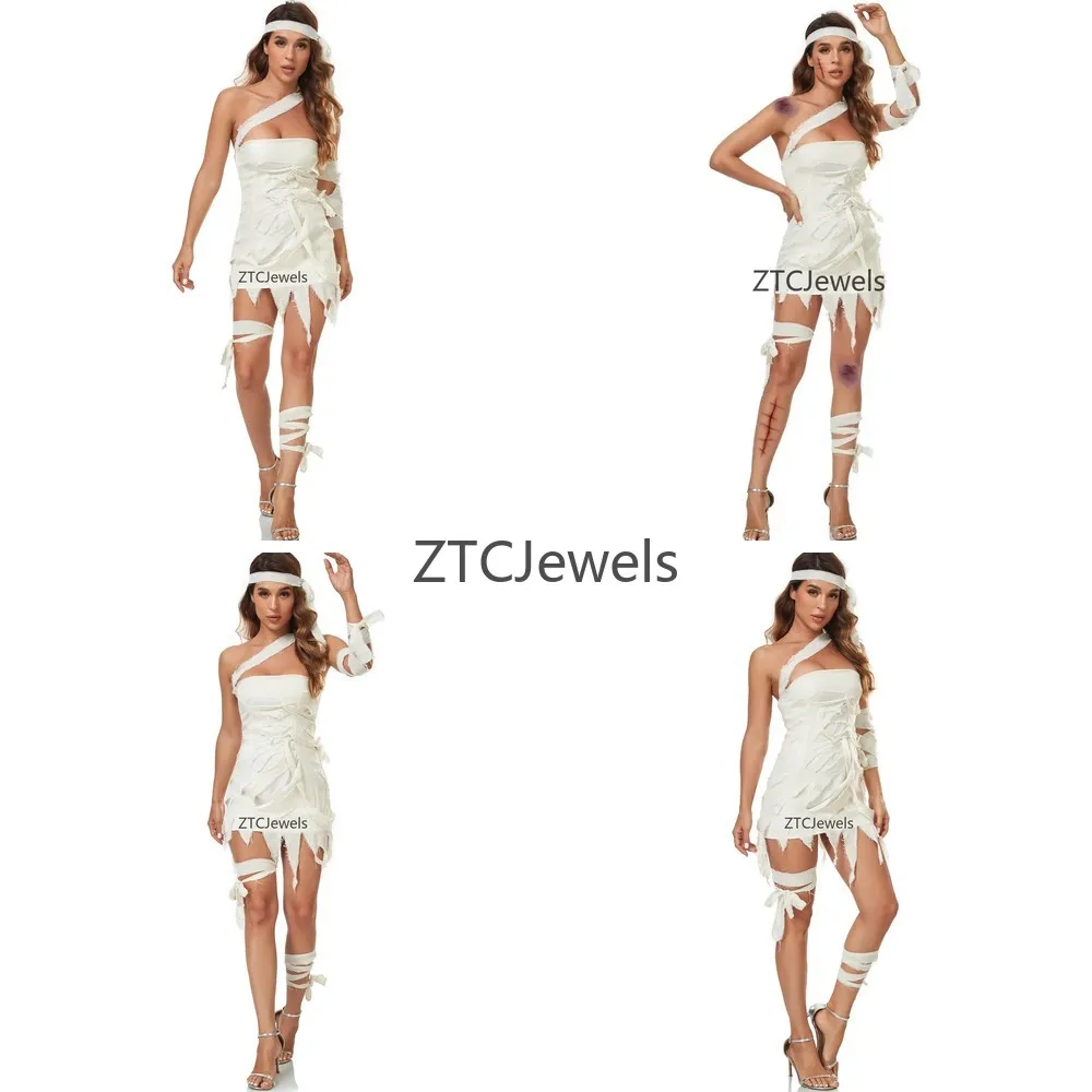 

Egyptian Mummy Costume for Women Off Shoulder White Bandage Dress Halloween Cosplay Horror Party Shroud