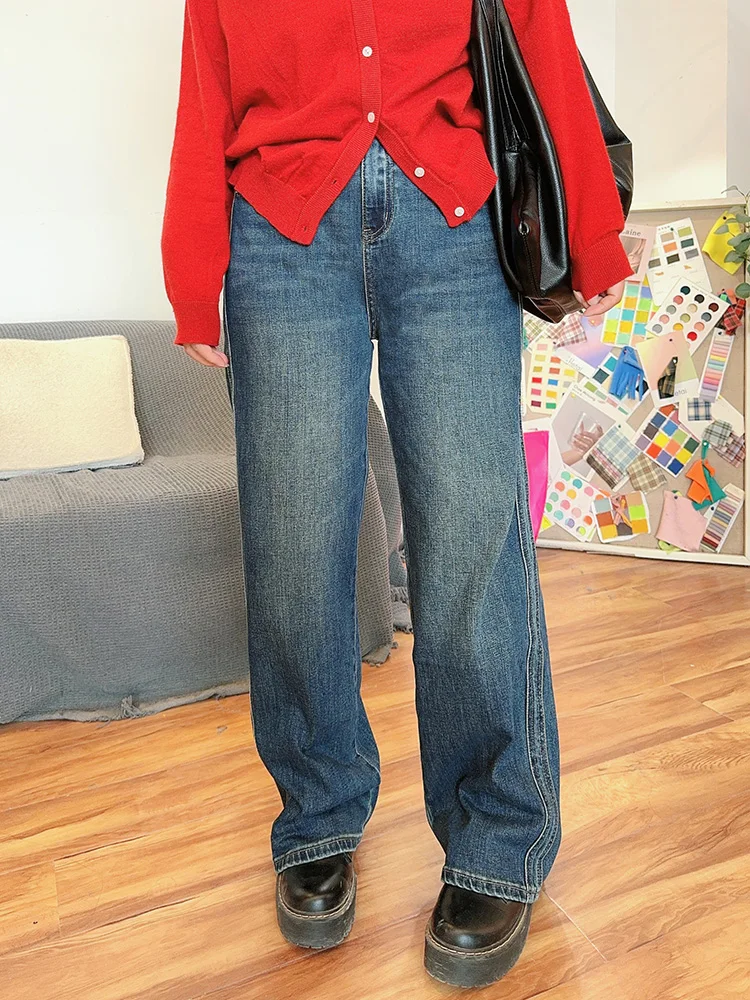 

Свободные эластичные прямые джинсы-брюки в пол с кружевной отделкой, большие размеры, женские, осенняя новинка, повседневные брюки