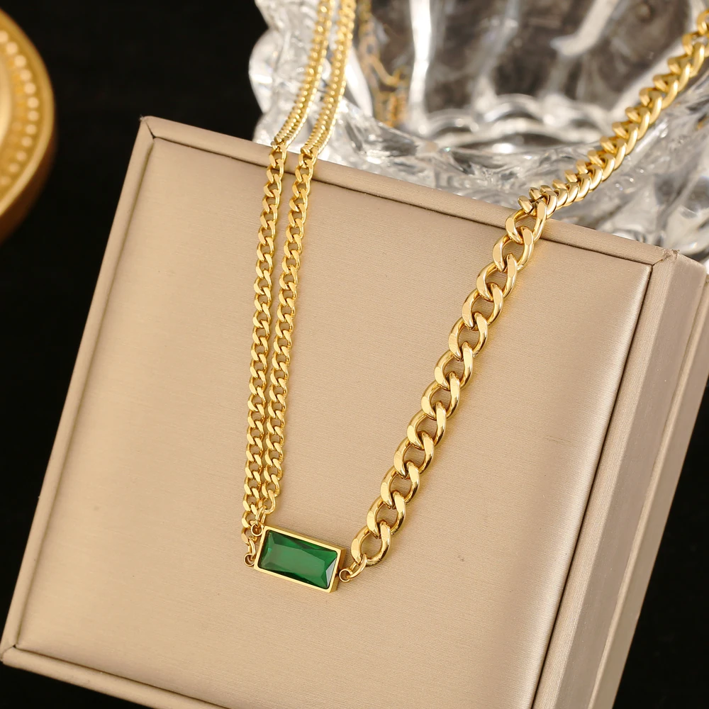 High Quality Stainless Steel Fashion Fine Minimalism Green Charms Thick Neck Chain Choker Necklaces Pendants For Women Jewelry