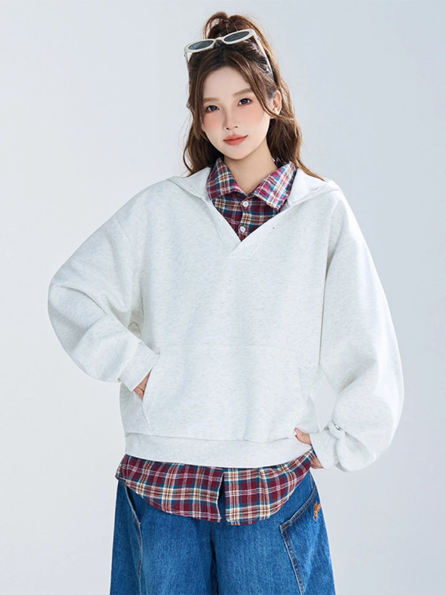 

Oversize Plaid Hoodie Men's Sle Layered Wear Autumn Design Sense Splicing Hat Coat Comfortable Long Sve Youth Faion