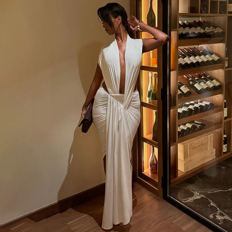 

Fmxires New Elegant Halter Backless Dress Women Deep V-Neck Sleeveless Slit Irregular Party Banquet Activity Stretch Clubwear