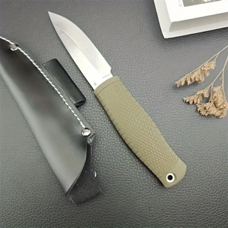 Fixed Blade BM 200 Knife D2 Blade Rubber Plastic Handle Tactical Self-defense Portable EDC Outdoor Tools,with Leather Sheath