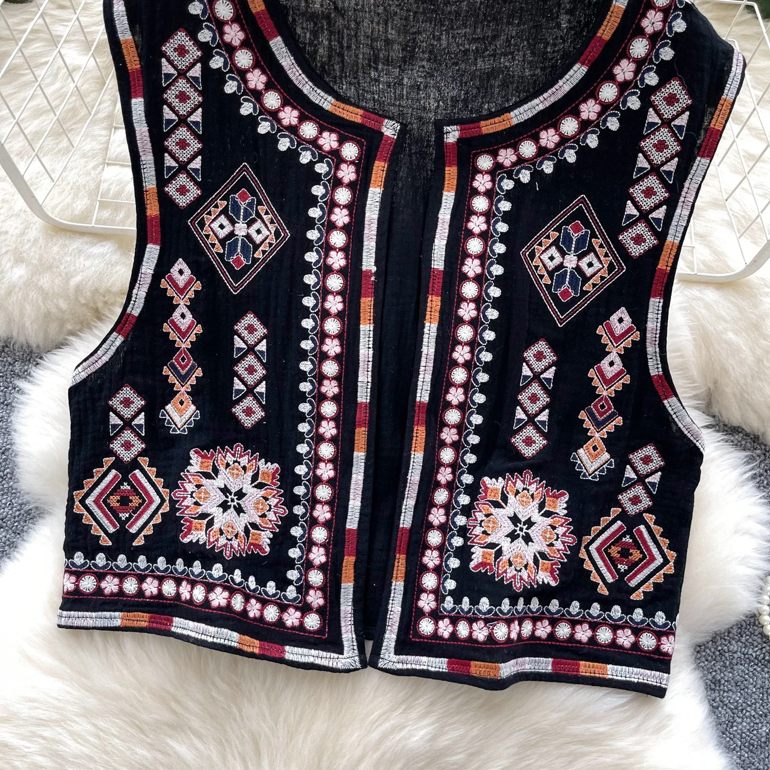 Women fashion embroidery cropped open waistcoat vintage o neck sleeveless female outerwear chic vest tops