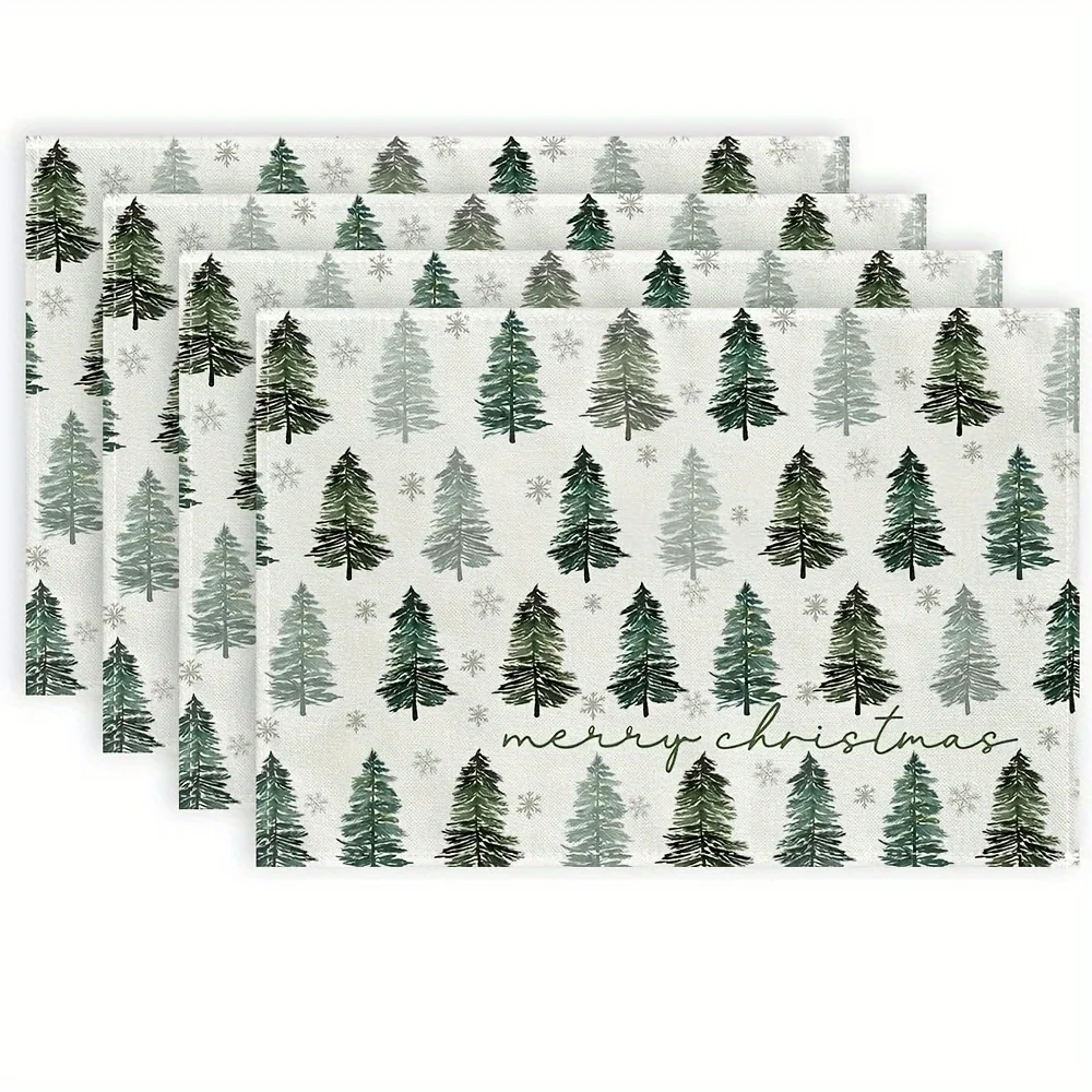 Merry Christmas Placemats Xmas Tree Green Table Decor, Winter Burlap Farmhouse Indoor Outdoor Mats for Holiday Home Party