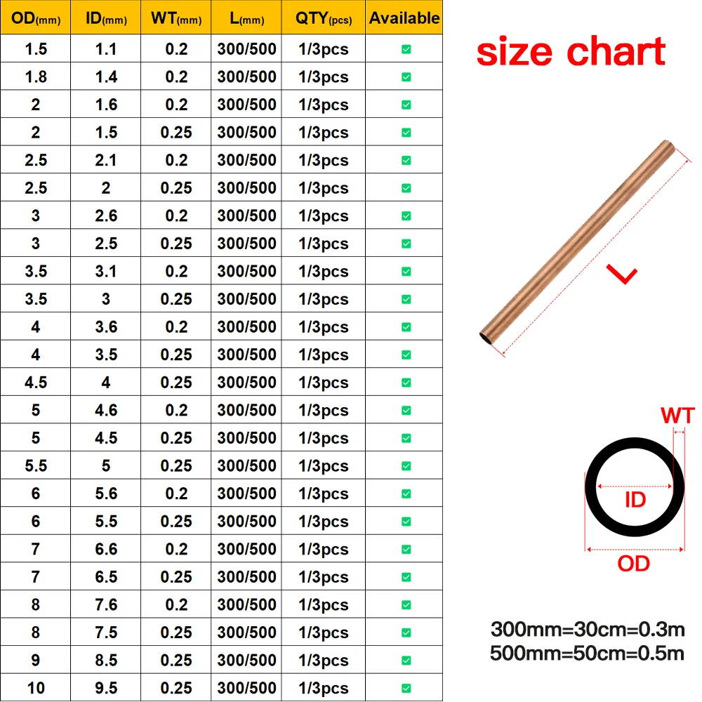 Seamless Copper Tube 0.2-0.3mm Wall, 2-10mm OD, 300/500mm Length Precision Drawn