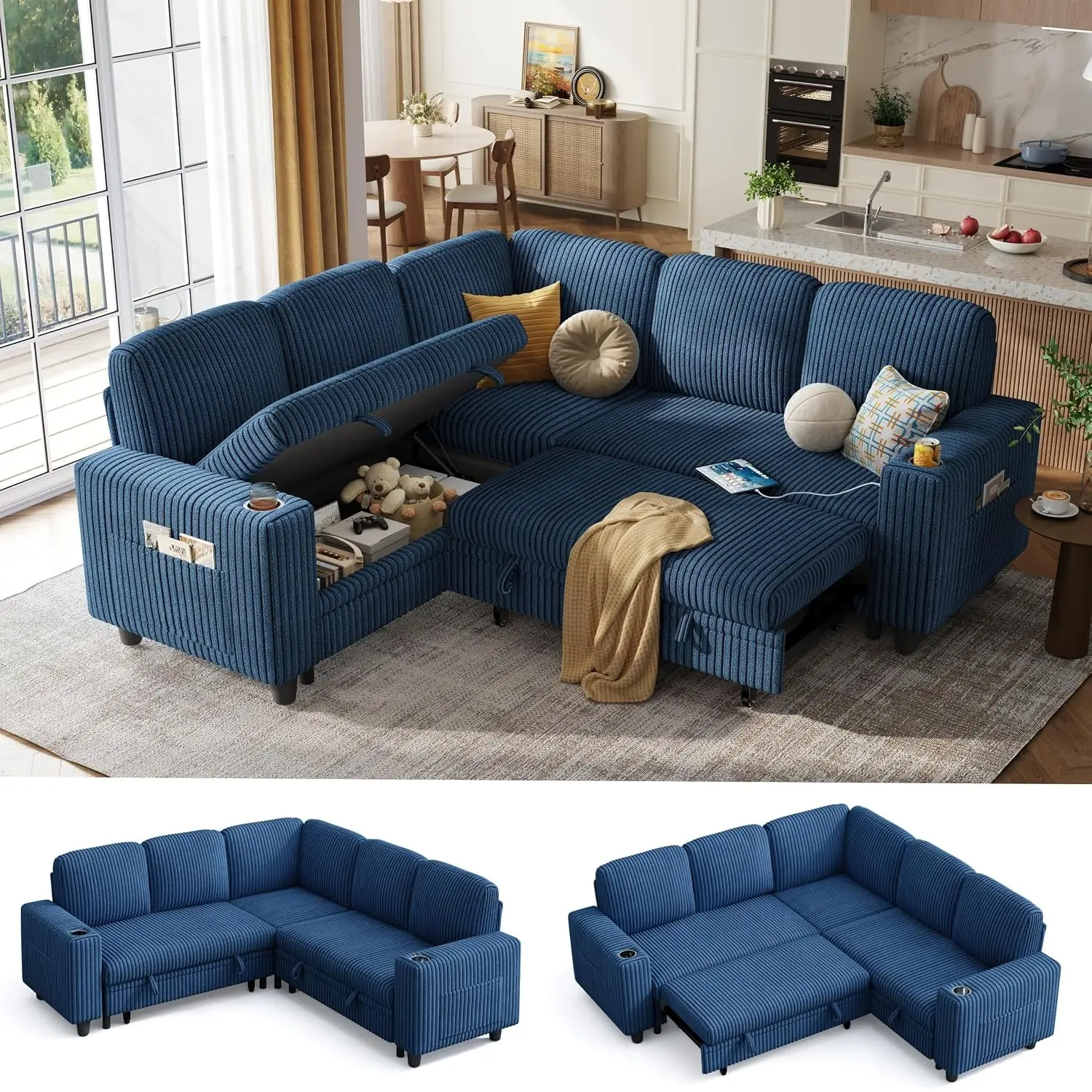 Pull Out Sofa Bed Sectional Sleeper Sofa with Storage, Plush Corduroy Pullout Modular Sectional Couches for Living, Customized