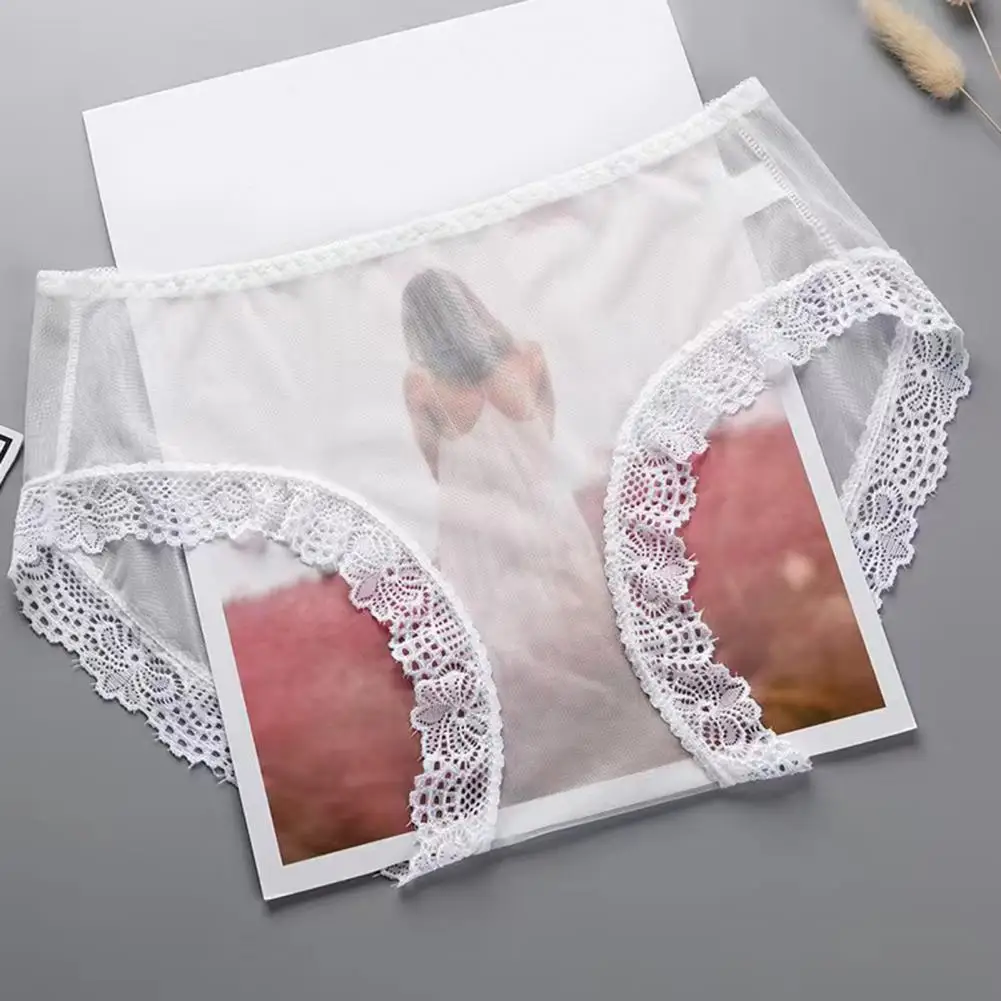 Bragas transparentes de encaje para mujer, ropa interior transpirable de cintura media, con hojas florales