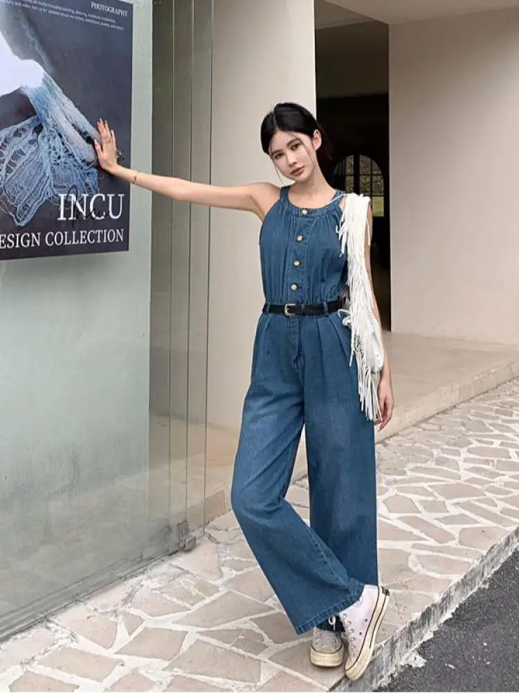 

Женский летний новый ретро синий джинсовый комбинезон без рукавов с широкими штанинами, модный тонкий плиссированный джинсовый комбинезон с высокой талией, популярный уличный комбинезон
